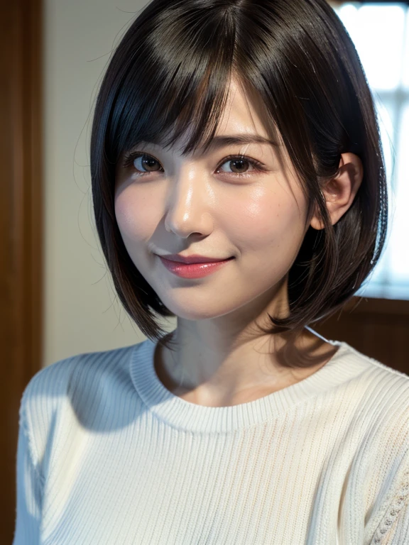 1 Japanese girl,(White sweater:1.4), (RAW Photos, highest quality), (Realistic, Photorealistic:1.4), Tabletop, Very delicate and beautiful, Very detailed, 8k wallpaper, wonderful, In detail, Very detailedなCG Unity, High resolution, Soft Light, Beautiful Details 19 years old, Very detailedな目と顔, Beautifully detailed nose, Beautiful fine details,Cinema Lighting,Perfect Anatomy,Slender body,smile (Asymmetrical bangs, Bob Hair)