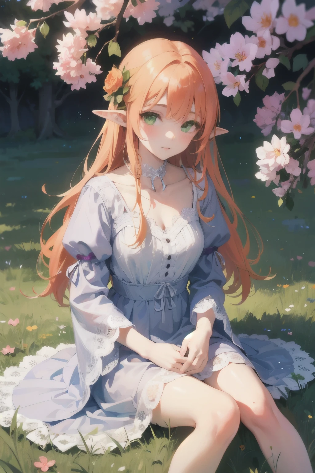 ((best quality)), ((masterpiece)), (detailed), perfect face, elf, young, girl, orange hair, long hair, green eyes, lilac dress, flowers, pink flowers, happy, sunny, green grass, lawn, white lace choker, romantic, soft smile, looking at viewer, portrait, flat, ribbons