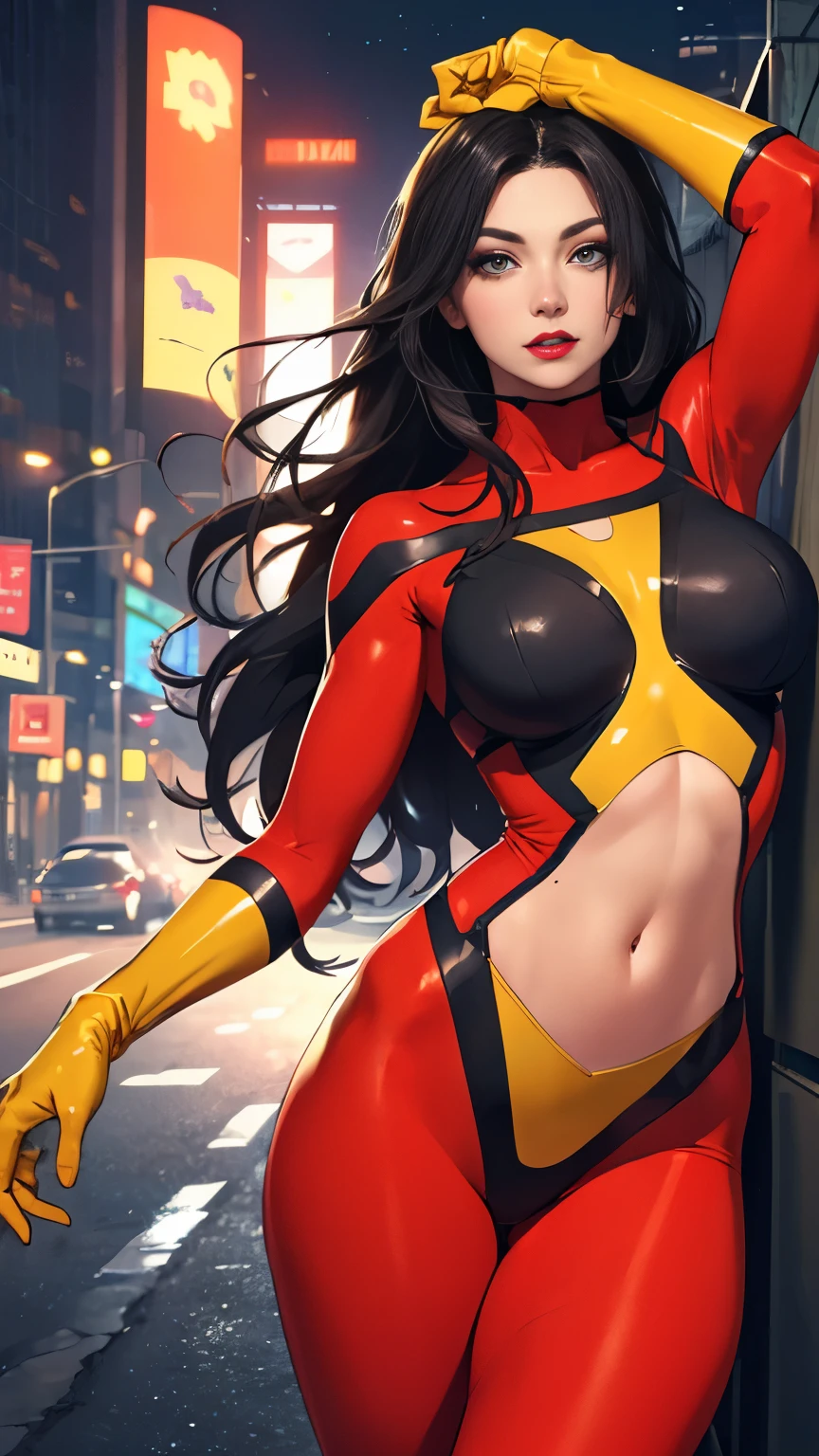 (Highly quality, masterpiece, detailed), Night city detailed scenario, Night city detailed background, 20 years old girl, Jessica_Drew_aiwaifu, long hair,black hair,large breasts,lips,lipstick,makeup, toned,superhero,gloves,red top, red bottom,yellow gloves,shiny clothes,yellow top, yellow bottom,thighs,latex, crop top, Abdomen, Navel, beautiful eyes, perfect eyes, looking at the viewer, Sexy pose