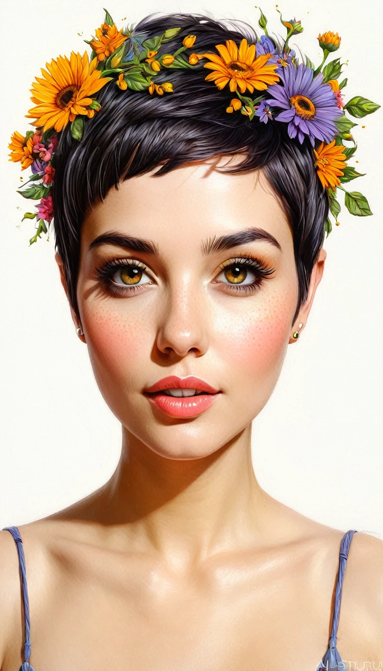 crea una mujer pelo corto pixie , flores, obra maestra, estilo ilustracion de Ali Erturk, alto detalle, hiperrealista, luz natural,ilustracion , colores llamativos
