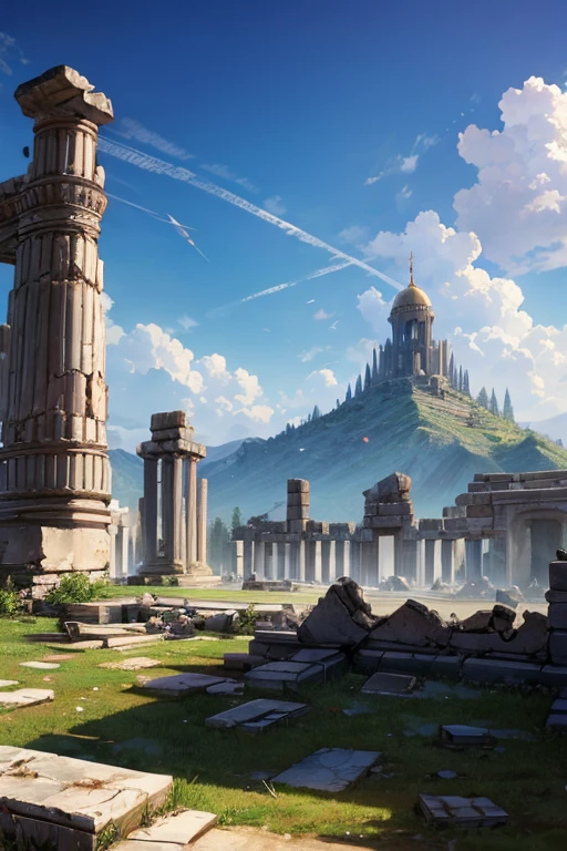 destroyed arabic temple ruins destroyed tower mountain background