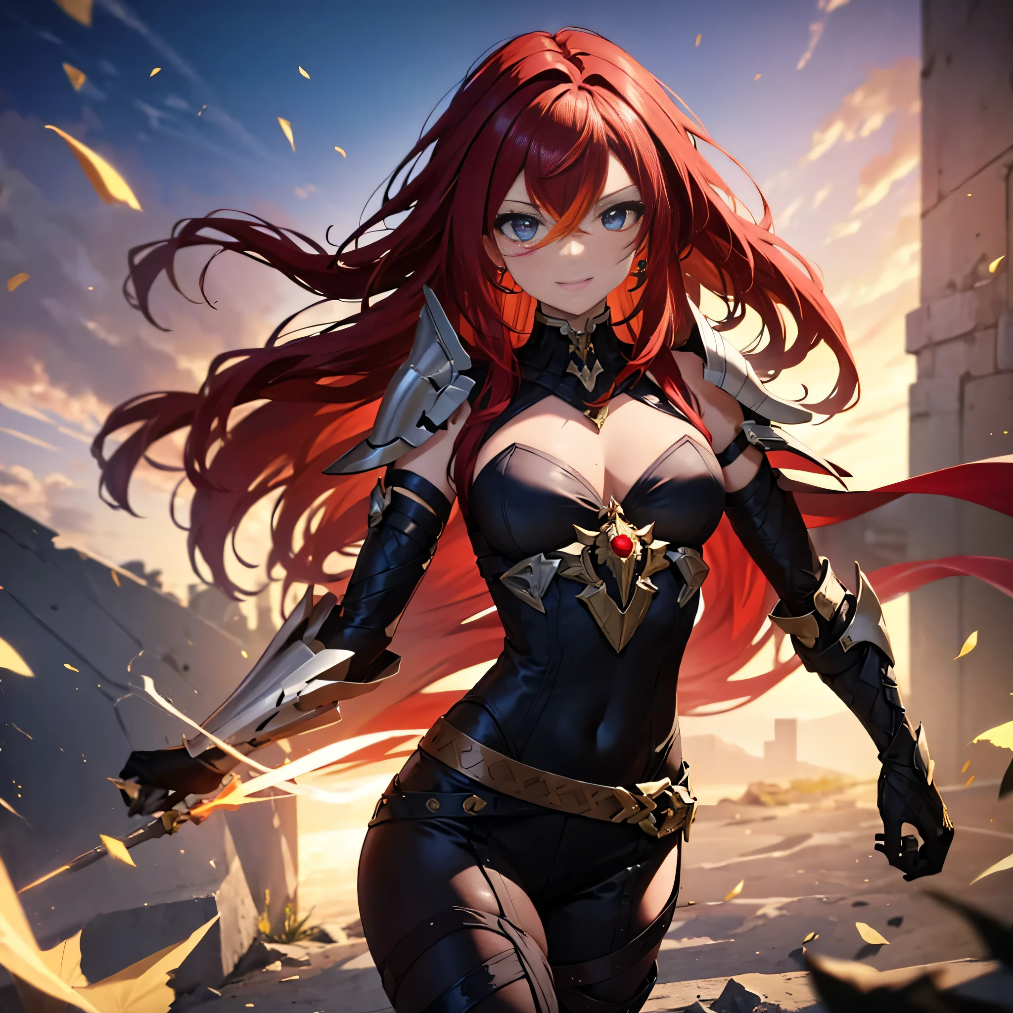 (One person) Dehya with red hair, attractive body, sexy light armor, smiling