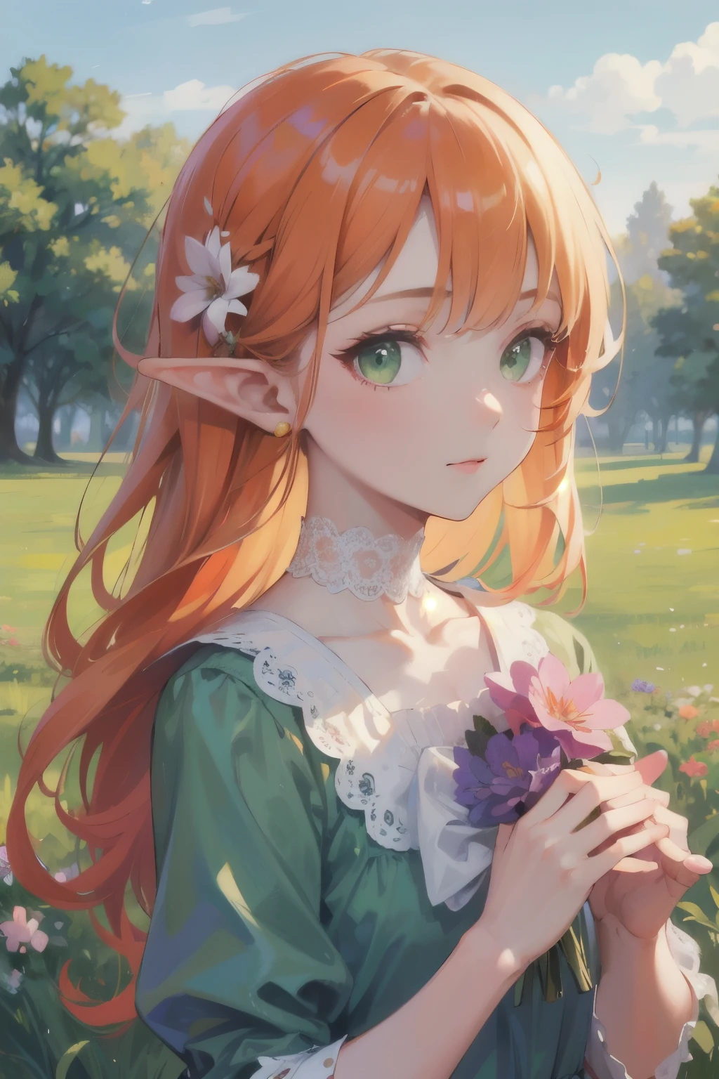 ((best quality)), ((masterpiece)), (detailed), perfect face, elf, young, girl, orange hair, long hair, green eyes, lilac dress, flowers, pink flowers, happy, sunny, green grass, lawn, white lace choker, romantic, soft smile, looking at viewer, portrait, flat, ribbons