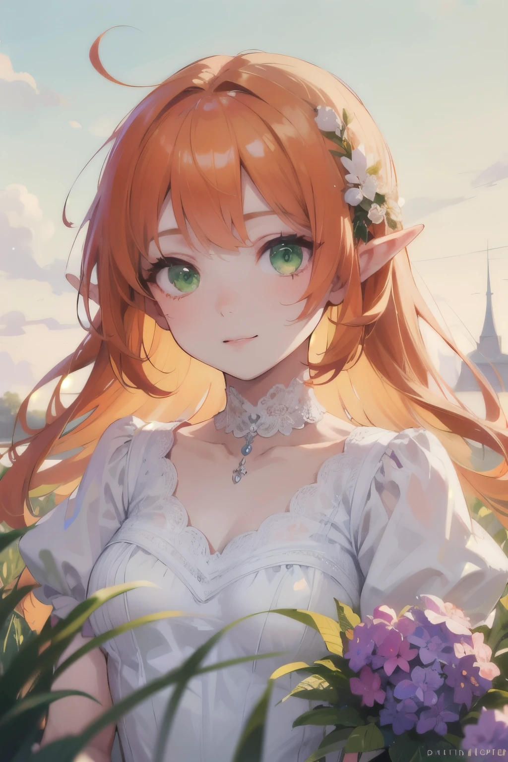((best quality)), ((masterpiece)), (detailed), perfect face, elf, young, girl, orange hair, long hair, green eyes, lilac dress, flowers, pink flowers, happy, sunny, green grass, lawn, white lace choker, romantic, soft smile, looking at viewer, portrait, flat, ribbons