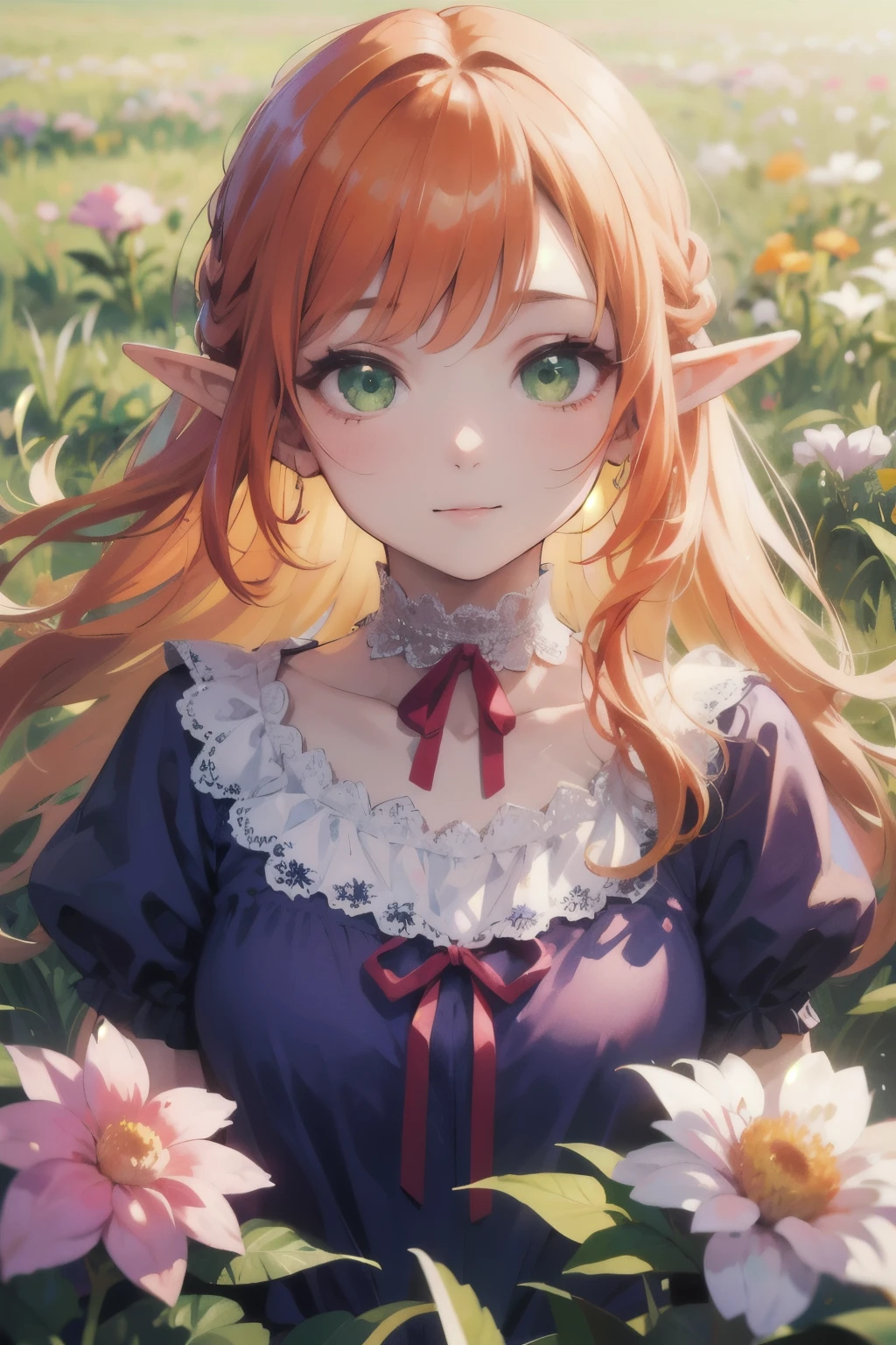 ((best quality)), ((masterpiece)), (detailed), perfect face, elf, young, girl, orange hair, long hair, green eyes, purple dress, flowers, pink flowers, happy, sunny, green grass, lawn, white lace choker, romantic, soft smile, looking at viewer, portrait, flat, ribbons