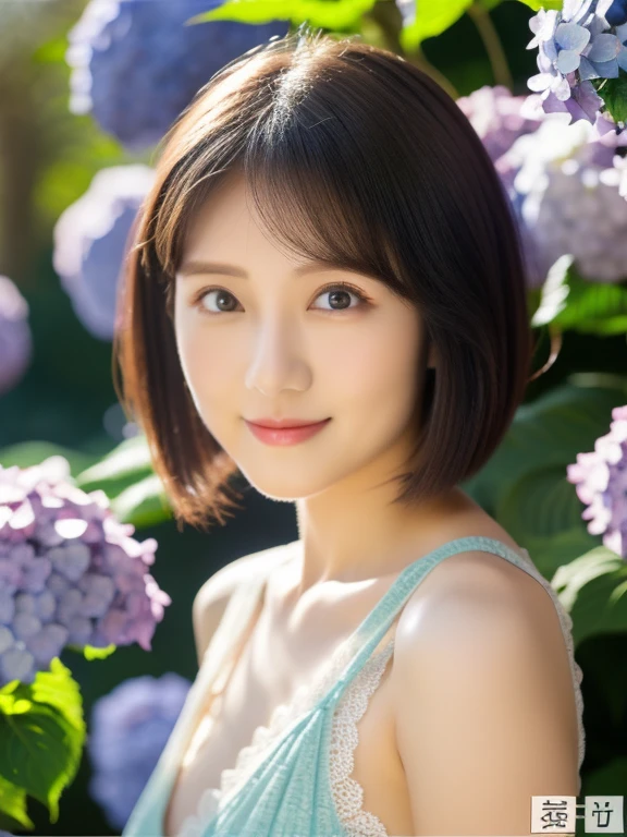 (squat)、(highest quality:1.5)、(Realistic:1.5)、(1 person:1.5)、(Very detailed)、(High resolution)、8k、(Wear a one-piece dress with lace)、(Small breasts)、Natural color lips、Cute Smile、20-year-old girl、(Beautiful and elaborate face)、(Perfect and beautiful face)、(Big eyes)、(Beautiful and elaborate face)、(Beautiful, balanced eyes)、Beautiful double eyelids、Perfect and beautiful face、Arched thin eyebrows、Slim face、(Slim figure)、Beautiful and thin nose、 Beautiful Skin、(Medium Bob Hair)、Natural Bangs、Fair skin、Front lighting、(Lighting the face)、Deep blue eyes、Slim waistline、(lim and beautiful legs、hydrangea、garden、
