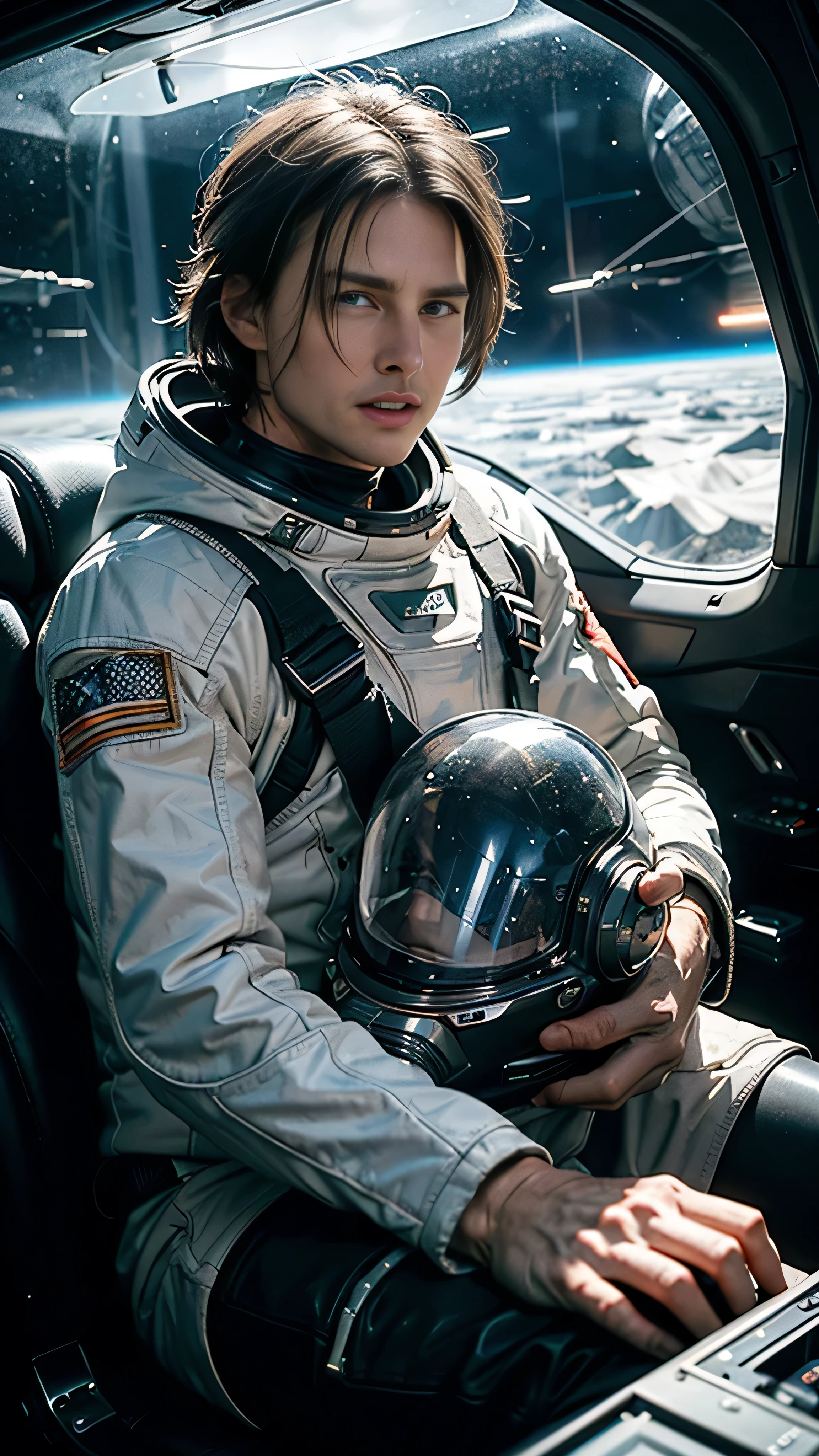 A captivating scene from the critically acclaimed movie "Interstellar" presents Tom Cruise, elegantly portraying the astronaut Joseph Cooper, skillfully piloting a state-of-the-art spaceship. The image, rendered in the highest definition, showcases Tom Cruise clad in a pristine white spacesuit, every wrinkle and texture meticulously detailed to perfection. The spacesuit, reflecting the ambient light, adds an extra layer of realism to the scene. As he focuses intently on the task at hand, he gazes directly into the camera, embodying the dynamic poses of a seasoned space explorer in a futuristic, scientific fiction setting