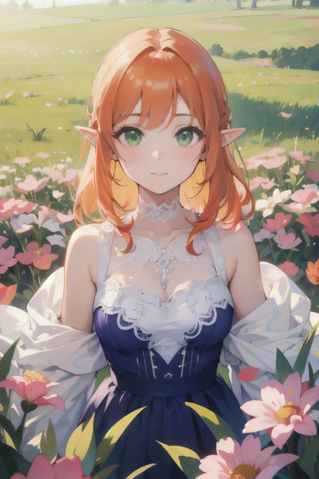 ((best quality)), ((masterpiece)), (detailed), perfect face, elf, young, girl, orange hair, long hair, green eyes, light purple dress, flowers, pink flowers, happy, sunny, green grass, lawn, white lace choker, romantic, soft smile, looking at viewer, portrait, flat, ribbons