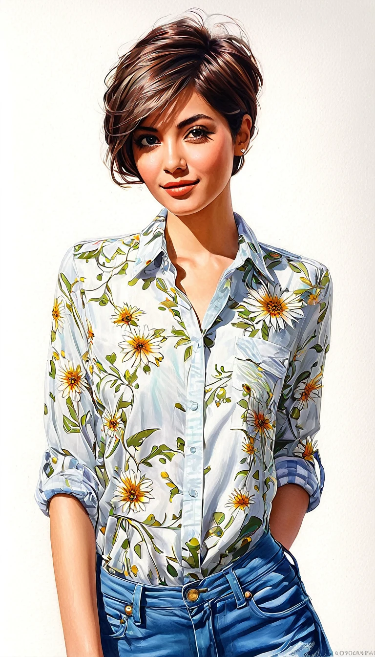 crea una mujer de pelo corto pixie, flores, con camisa obra maestra, estilo ilustracion de Ali Erturk, alto detalle, hiperrealista, luz natural,ilustracion , colores llamativos