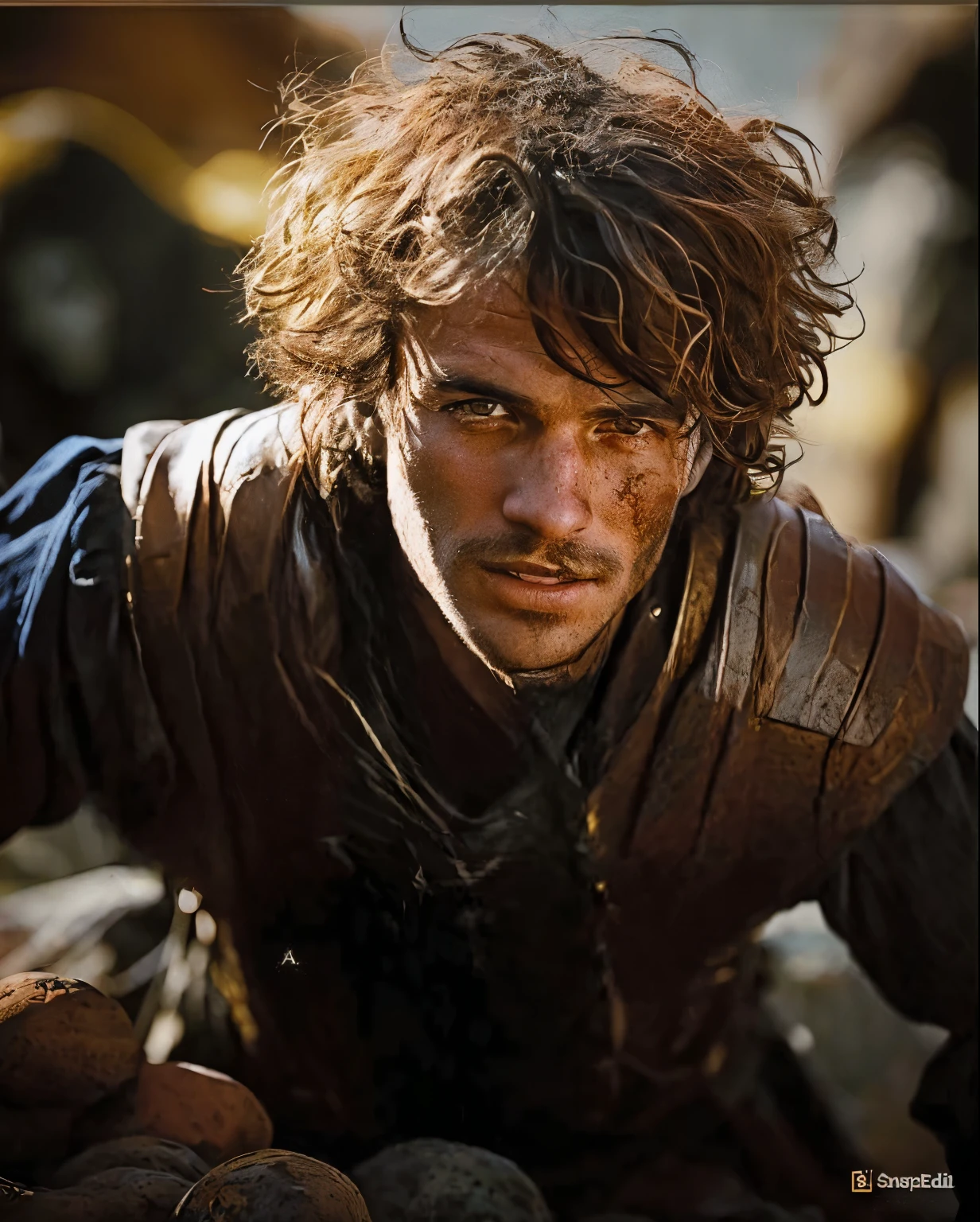 um close de um homem com uma roupa de couro e um monte de batatas, como um personagem de fantasia medieval, Paulo Atreides, filme de fantasia ainda, handsome prince of Persia, rugged male medieval cavaleiro, foto de retrato, (((cavaleiro))), Henry Cavill como guerreiro, still from a live action film, Alexandre, ainda de um filme de fantasia, emma watson as a cavaleiro