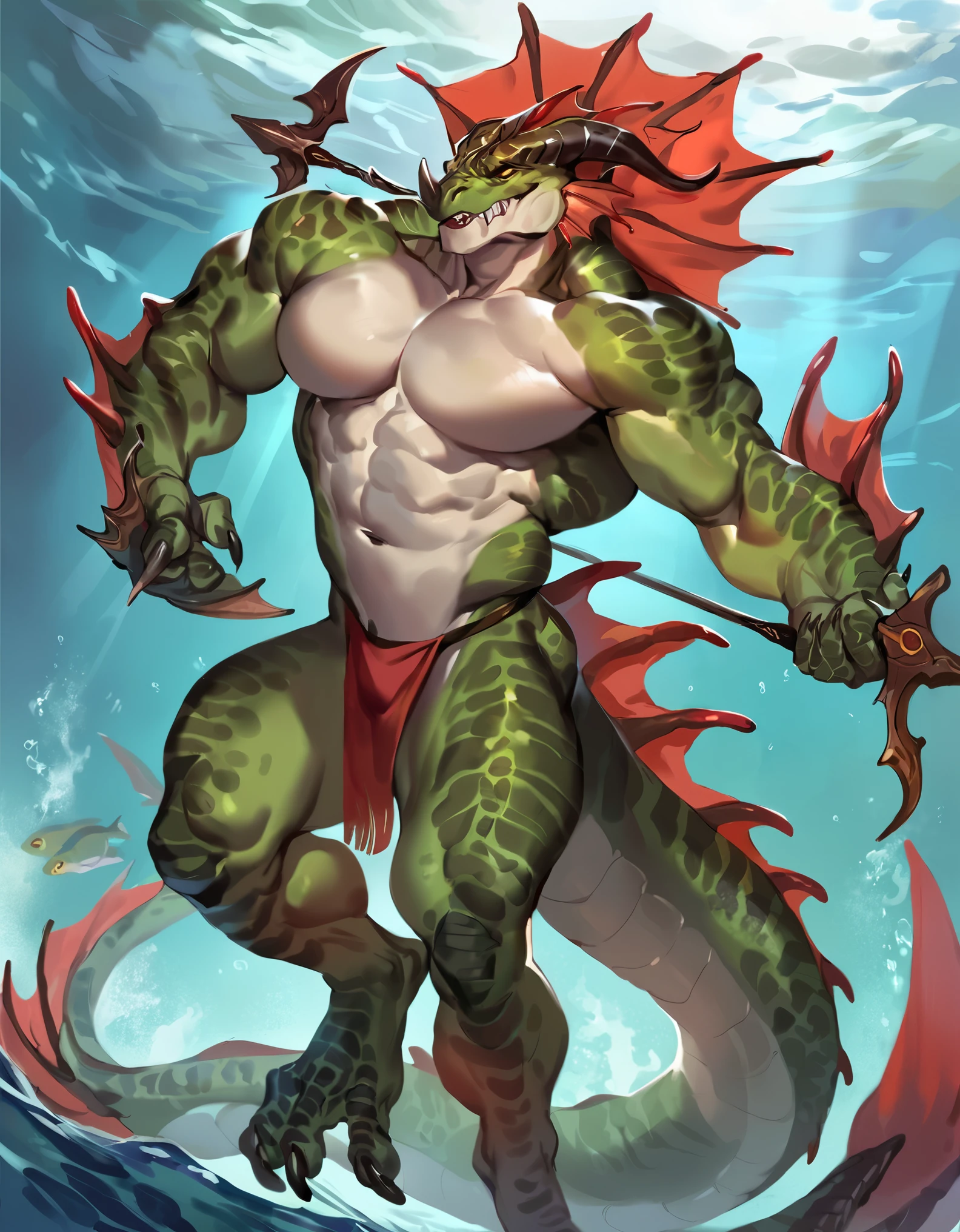 score_9, score_8_up, score_7_up, 1male solo, anthro, bara, muscular, wide back, small waist, sea ​​monster, a male naga from world of warcraft holding, sea ​​snake, green skin, thick tail, (scales: 1.5), thick scales on the shoulders, white belly, oriental dragon whiskers, marked jaw, black claws, red fins with orange details, huge fins, fish fins on arms, fish fins on head, fish fins on tail, marine dragon, pecs, big pecs, aquatic tribal clothing, loincloth, holding a trident, a trident and showing a funny face, underwater, submarine background, full body, sfw, dress, ((by null-ghost, by thebigslick, by honovy))
