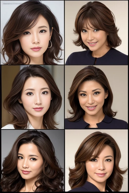 Japanese women、50 years old、Medium-haired brown hair、Wavy Hair、Close-up