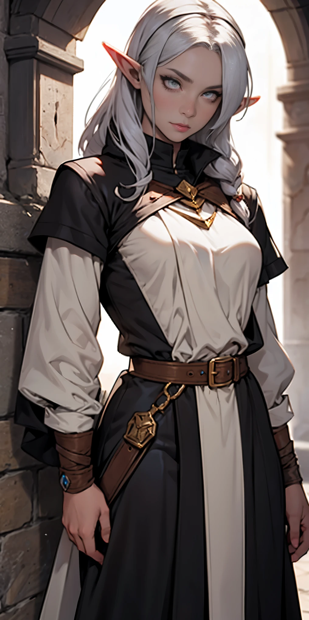 Female Drow Elf, grey skin, white eyes, dungeons and dragons, Cleric