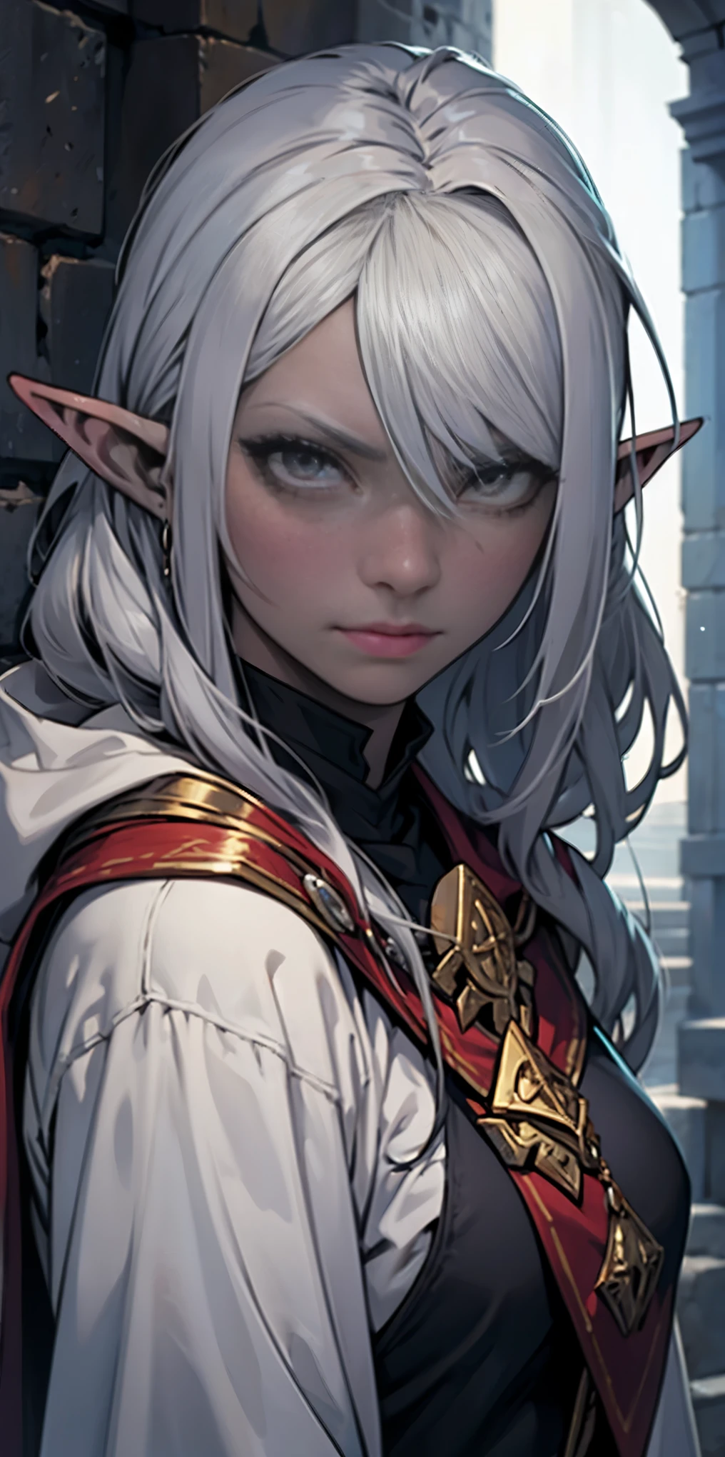 Female Drow Elf, grey skin, white eyes, dungeons and dragons, Cleric