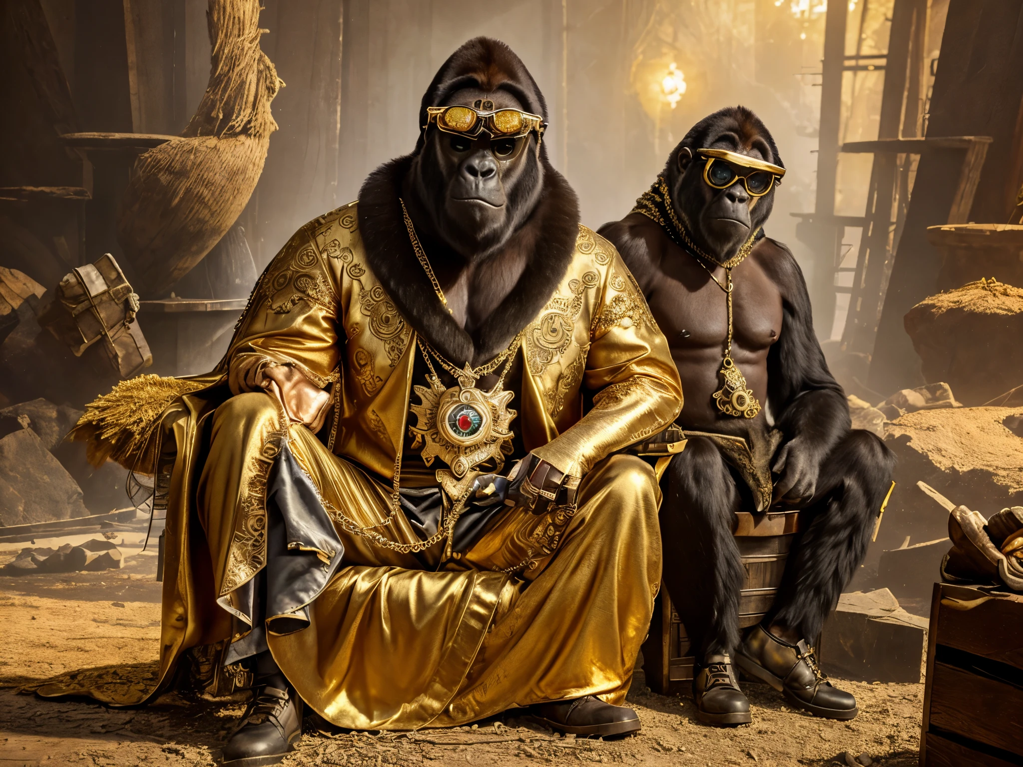 masterpiece, best quality, photo realistic ,fashionmonkey, gorilla, eye wear on head, gears, gem, goggles , gold, jewelry, magic circle,male_focus, owl, pants, shoes, sunglasses, tassel, throne,