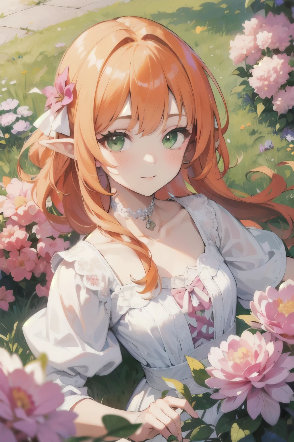 ((best quality)), ((masterpiece)), (detailed), perfect face, elf, young, girl, orange hair, long hair, green eyes, lilac colored dress, flowers, pink flowers, happy, sunny, green grass, lawn, white lace choker, romantic, soft smile, looking at viewer, portrait, flat, ribbons