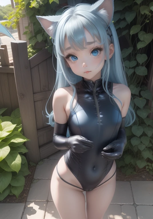 girl、、((Bink color))、leotard、whole body。blue eyes、Gray Hair、functional、Seductive pose、front、noon、garden、Beach、No cat ears。