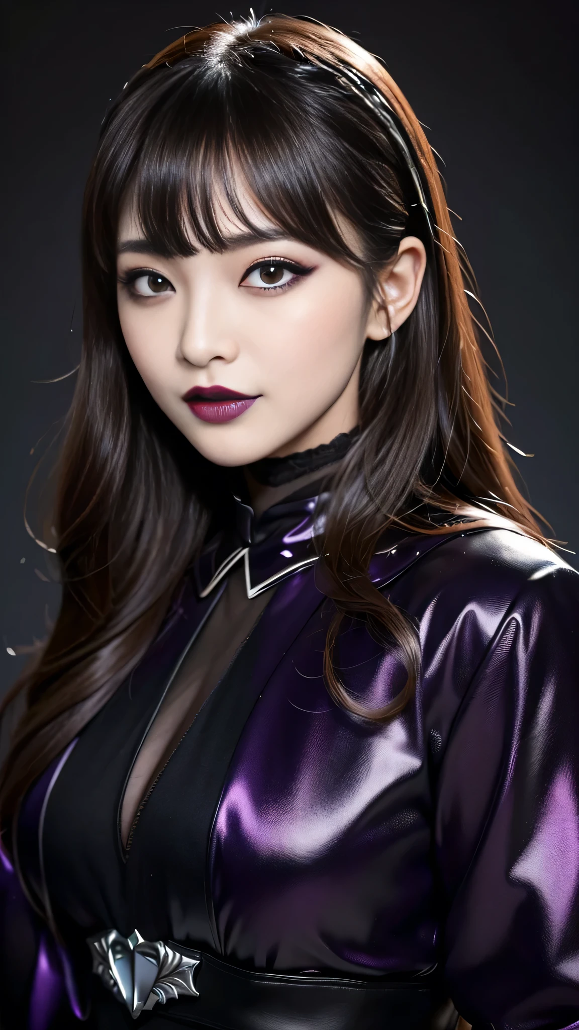 best quality、ultra-detailed、4k、Japanese、Seductive beauty、seductive adult woman、Pretty Woman、cool girl、Villainess、Brainwashed、brainwash、Fallen into evil、smirk、Evil look、Wicked Smile、evil、Brown hair、wavy hair、swept bangs、dark makeup、dark makeup、piercing eyes、hollow eyes,half-closed eyes、Hollow Eyes、purple Eyeshadow、black lipstick、black lipglos、Dark Costume、Costume of Evil、female cadres、night、inside darkroom、face mask、Have a face、Emblem of Evil、Crest of Darkness、Swear allegiance、I have pledged my allegiance、Dye black、Blackening、Stained with evil、Dyed in darkness、Seduce