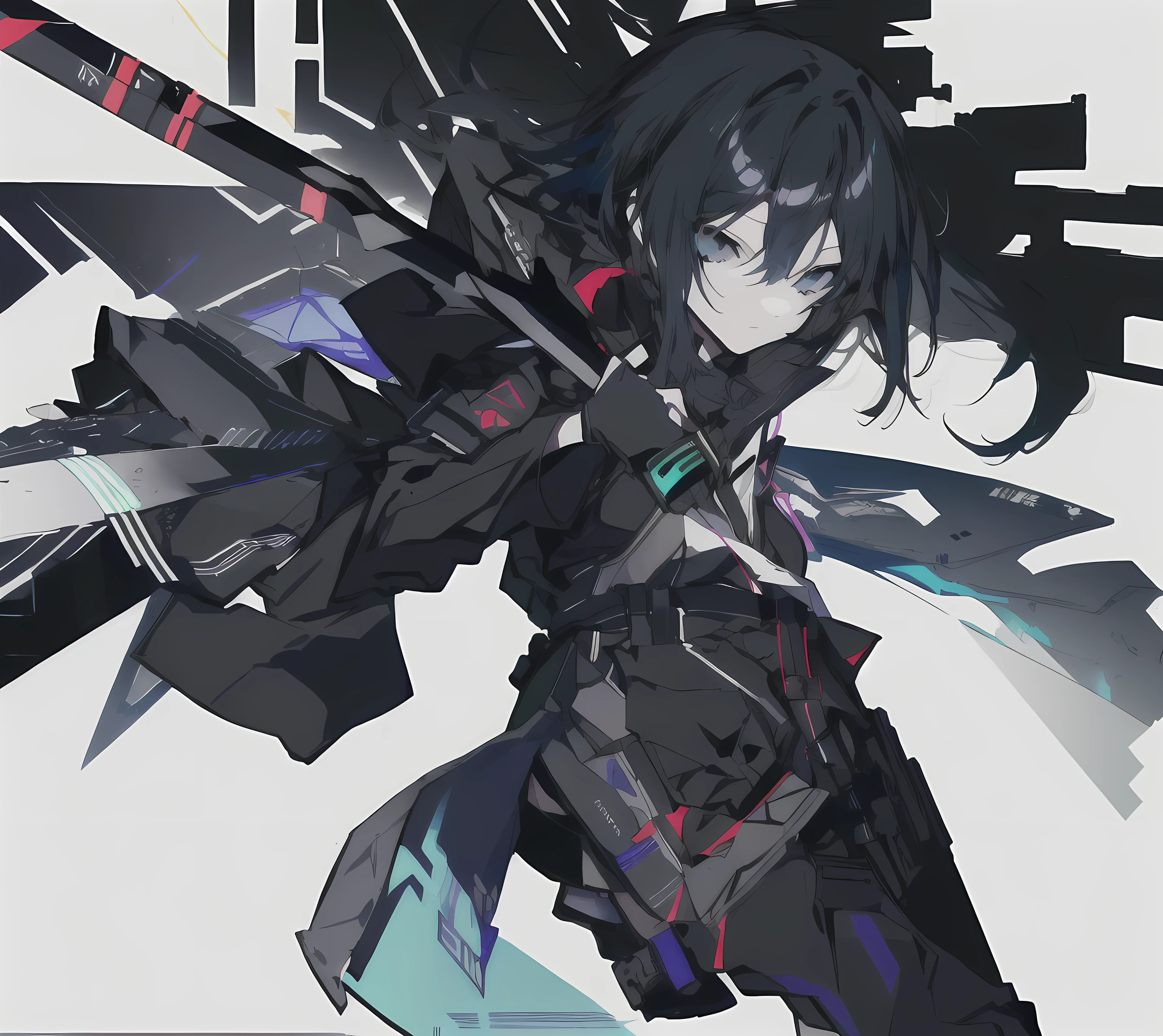 anime girl with long black hair and a sword in her hand, from arknights, badass anime 8 k, zerochan art, shigenori soejima illustration, black - haired mage, female action anime girl, fus rei, anime moe artstyle, arknights, by Jin Homura, gapmoe yandere grimdark, by Kamagurka, by Yang J, color scheme blue, simplistic, modern, y2k, anime idol with short black hair, (dynamic pose), techwear, angelical background, dark night, cloudy night, black eyes, clear sky