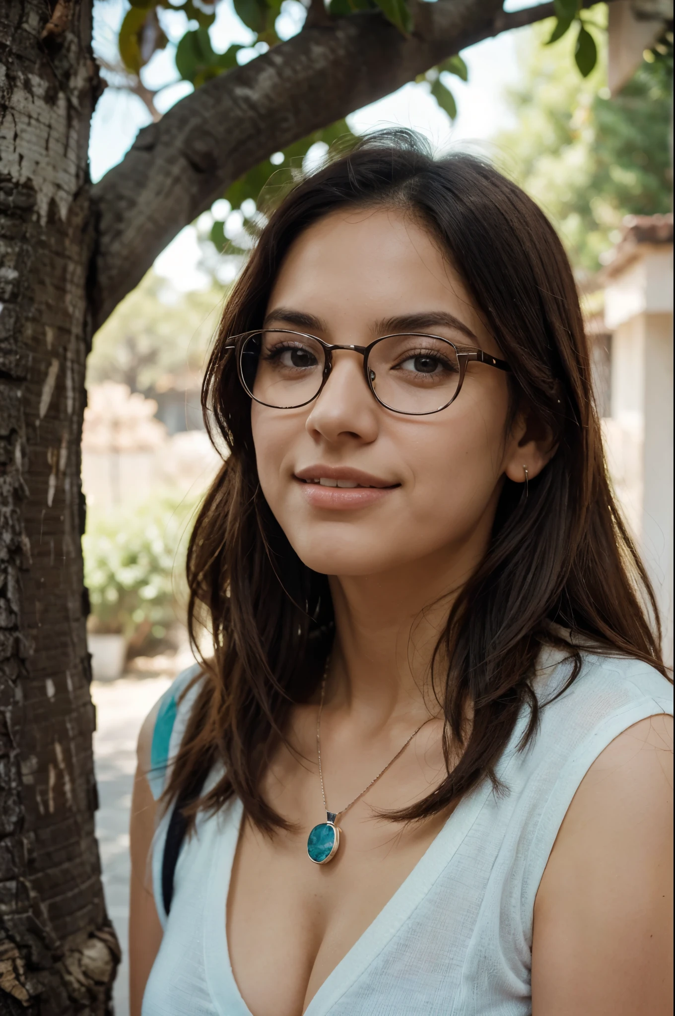 Claro, here is a detailed description of the face of the person in the photo:
- **Cabello**: Largo y oscuro, liso, cae sobre sus hombros.
- **Gafas**: De montura negra, that add an intellectual touch and highlight your eyes.
- **Ojos**: medium size, They look friendly and expressive behind the glasses.
- **Cejas**: Oscuras y bien definidas, siguen la forma natural de sus ojos.
- **Nariz**: medium size y proporcionada al resto de su rostro.
- **Boca**: Wide and warm smile, mostrando dientes blancos y alineados.
- **Piel**: Clara y de aspecto saludable.
- **Forma del rostro**: Ovalada, con contornos suaves.
- **Pendiente**: Largo con plumas de color azul, visible en su oreja derecha.
- **Collar**: With a tree-shaped pendant, visible sobre su pecho.