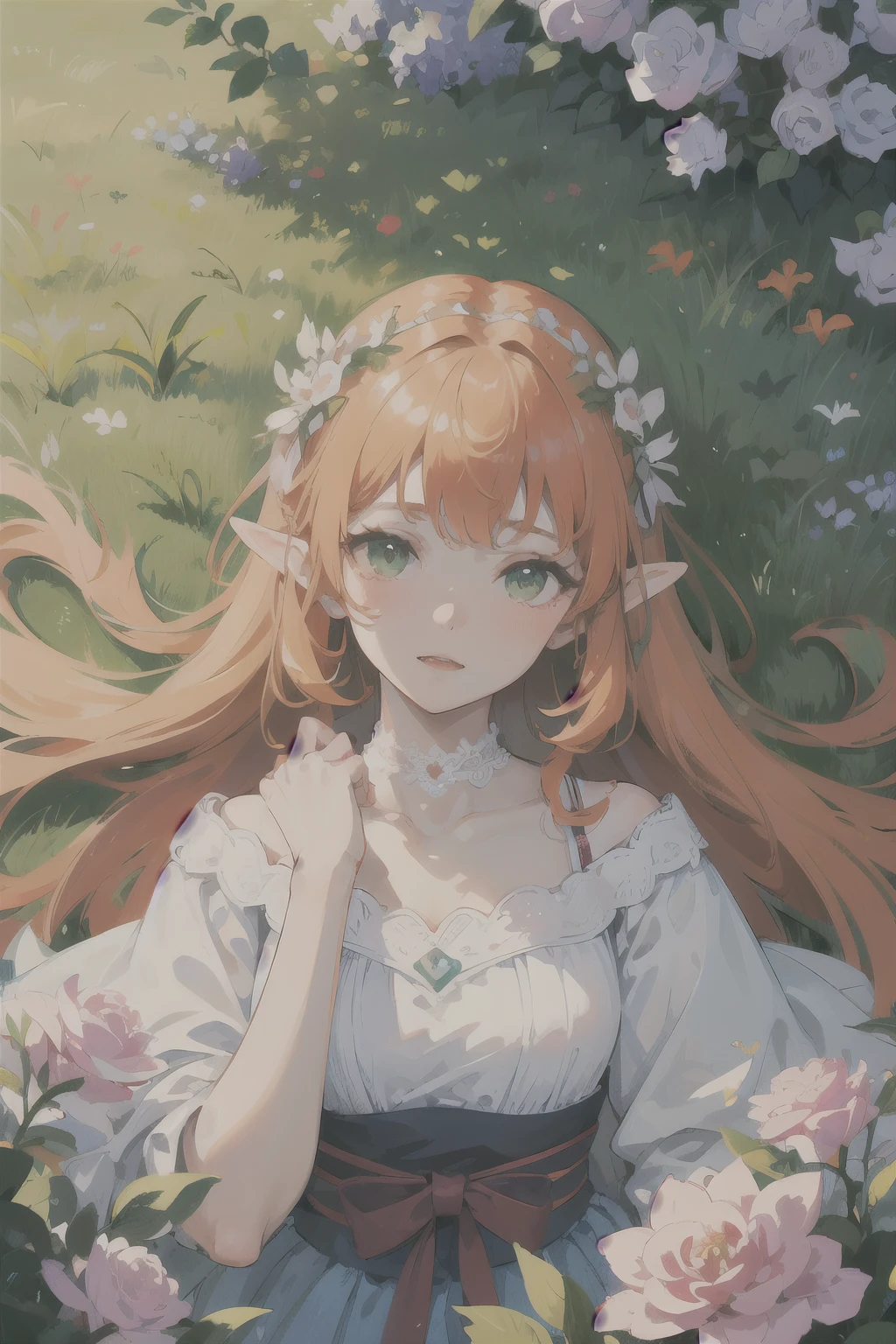 ((best quality)), ((masterpiece)), (detailed), perfect face, elf, young, girl, orange hair, long hair, green eyes, lilac colored dress, flowers, pink flowers, happy, sunny, green grass, lawn, white lace choker, romantic, soft smile, looking at viewer, portrait, flat, ribbons