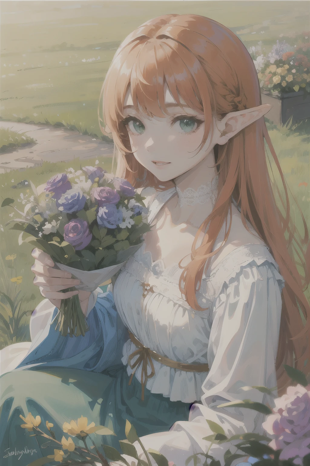 ((best quality)), ((masterpiece)), (detailed), perfect face, elf, young, girl, orange hair, long hair, green eyes, lilac colored dress, flowers, pink flowers, happy, sunny, green grass, lawn, white lace choker, romantic, soft smile, looking at viewer, portrait, flat, ribbons