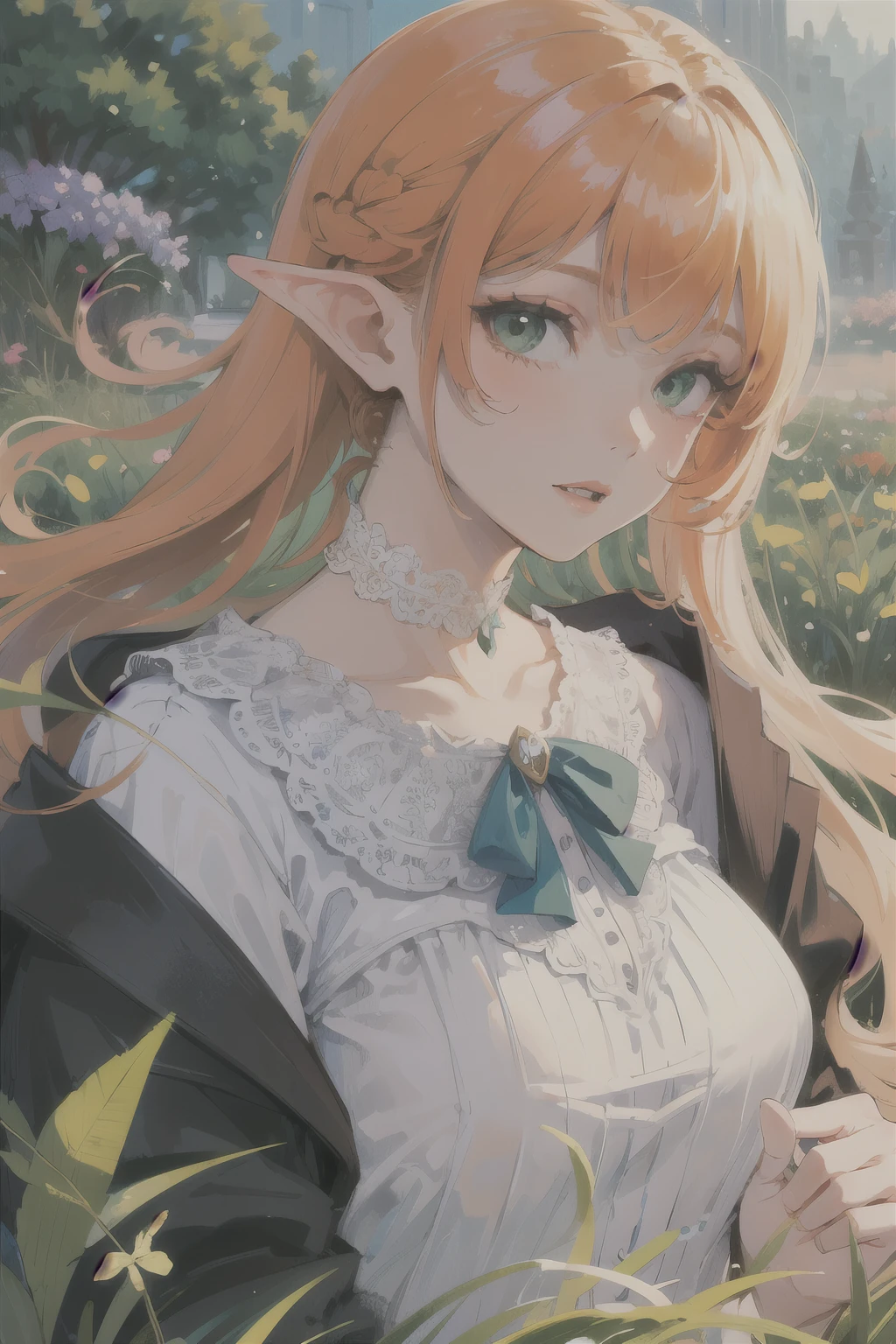 ((best quality)), ((masterpiece)), (detailed), perfect face, elf, young, girl, orange hair, long hair, green eyes, lilac colored dress, flowers, pink flowers, happy, sunny, green grass, lawn, white lace choker, romantic, soft smile, looking at viewer, portrait, ribbons