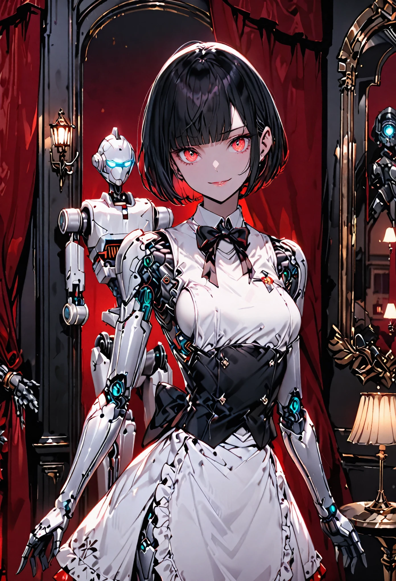 solo, female, sfw, medium shot, lithe, small breasts, bob cut hair, robot butler, elegant, mansion, gentle smile, maid, robot joints, white robot hands, black hair, cybernetic eyes, lamp, warm, red curtain, white vest, bow tie