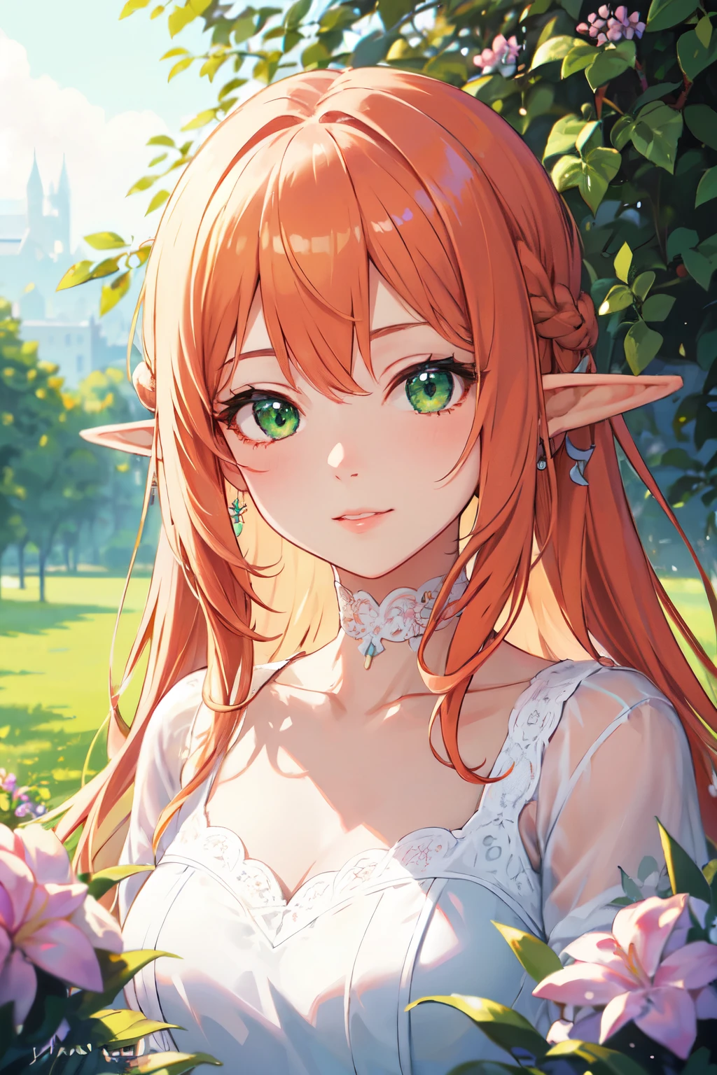 ((best quality)), ((masterpiece)), (detailed), perfect face, elf, young, girl, orange hair, long hair, green eyes, lilac colored dress, flowers, pink flowers, happy, sunny, green grass, lawn, white lace choker, romantic, soft smile, looking at viewer, portrait, ribbons