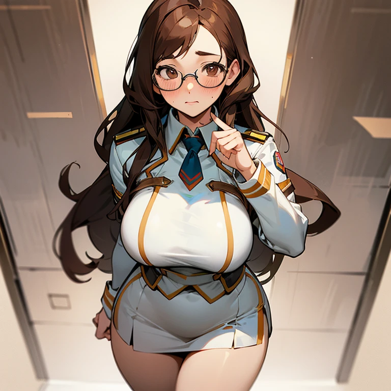 A nerdy girl with glasses, long brown hair and brown eyes. Who wears a white uniform that is tight around her big and enormous breasts and a short skirt that barely covers her thick thighs. She looks down as she adjusts her glasses and has a slight blush on her cheeks. She's in a class.