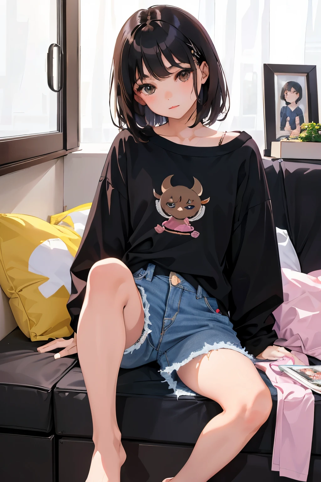 (child)，highest quality，Beautiful face in every detail，cute，Dark brown eyes，(背の低いcute女の子，Small young student，Young delicate girl）,（masterpiece，Top quality)，Black Hair，Sleepy expression，Short sleeve，jeans