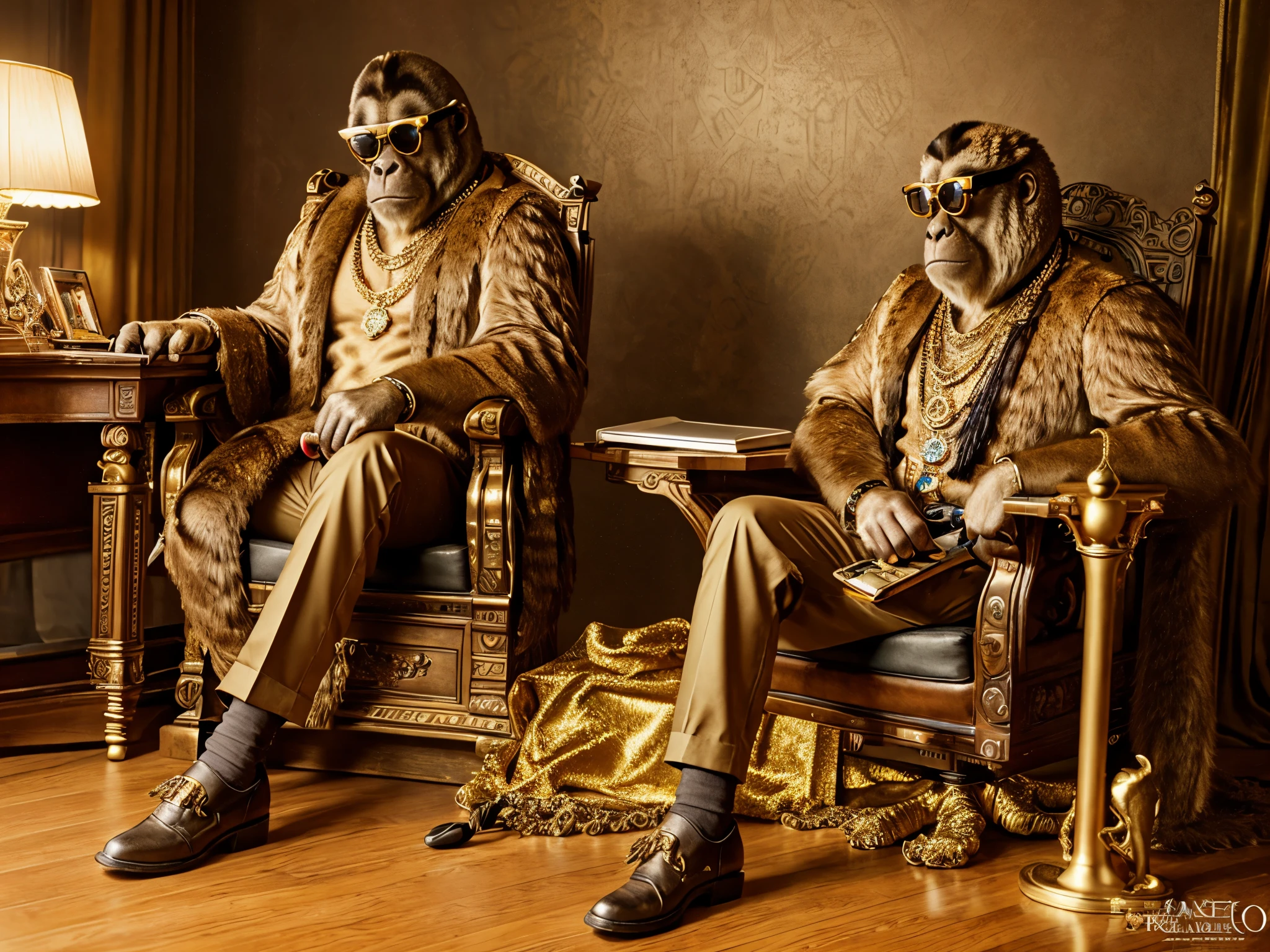 masterpiece, best quality, photo realistic ,fashionmonkey, gorilla , gold, jewelry, magic circle,male_focus, owl, pants, shoes, sunglasses, tassel, throne, on the computer