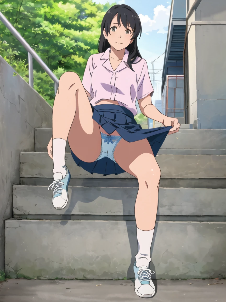 highest quality, Ultra-high resolution, (Realistic: )2D official style cel animation,((Sitting Girl))Blue Check Mini Skirt,Summer Shirts,(Lace panties),loose socks,sneakers,Full body portrait,(chiyoko sonoda),Station stairs,sunny,Embarrassed face,from the front
