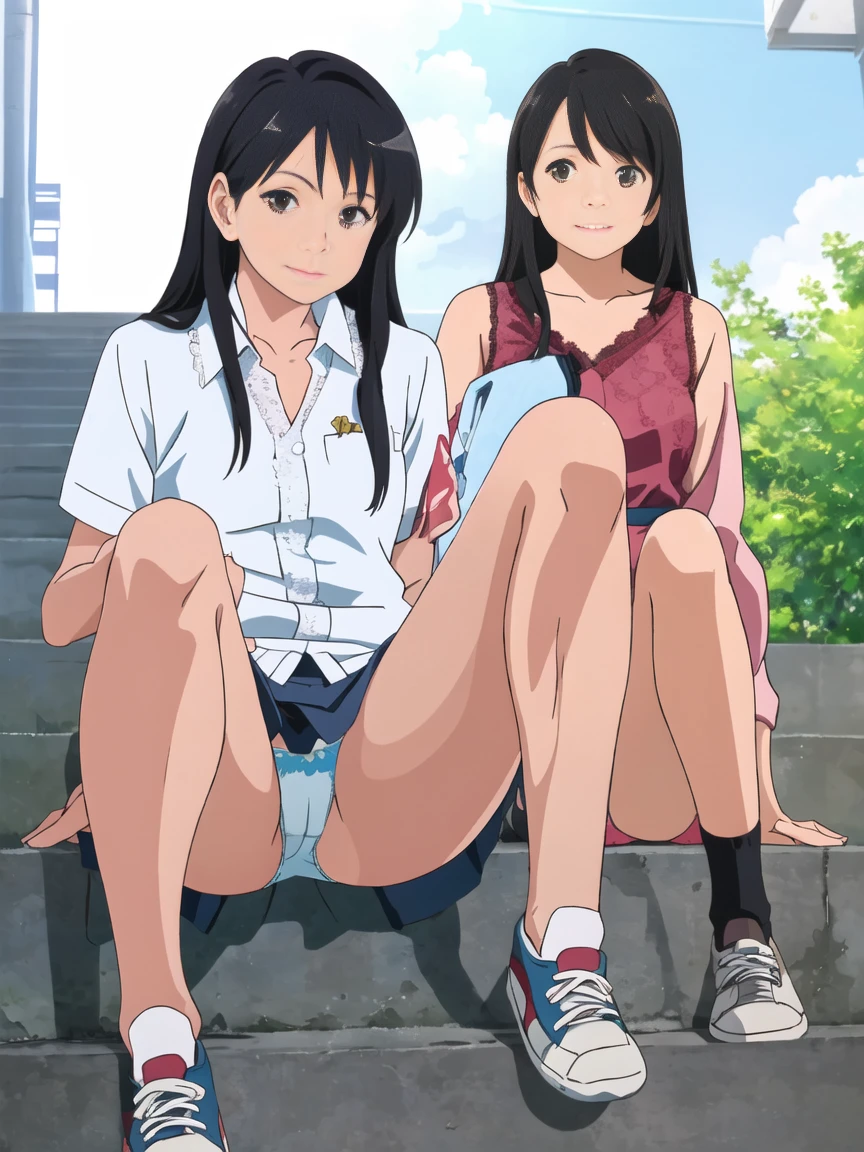 highest quality, Ultra-high resolution, (Realistic: )2D official style cel animation,((Sitting Girl))Blue Check Mini Skirt,Summer Shirts,(Lace panties),loose socks,sneakers,Full body portrait,(chiyoko sonoda),Station stairs,sunny,Embarrassed face,from the front