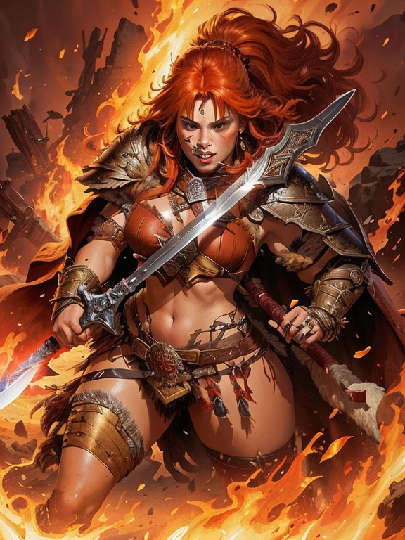 8k, digital painting, Comic Babes,a woman with a sword and armor in the fire, female barbarian, barbarian woman warrior, very beautiful female barbarian, a very beautiful berserker woman, portrait of a barbarian female, northern warrior, warrior, red-haired queen in heavy red armor, barbarian class, north adult warrior, female warrior, David Finch, barbarian, cavewoman, female redhead templar