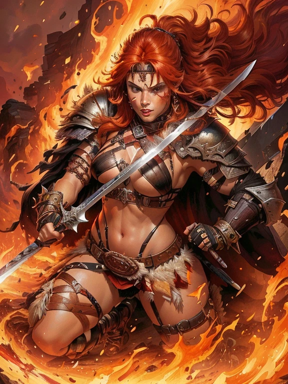8k, digital painting, Comic Babes,a woman with a sword and armor in the fire, female barbarian, barbarian woman warrior, very beautiful female barbarian, a very beautiful berserker woman, portrait of a barbarian female, northern warrior, warrior, red-haired queen in heavy red armor, barbarian class, north adult warrior, female warrior, David Finch, barbarian, cavewoman, female redhead templar