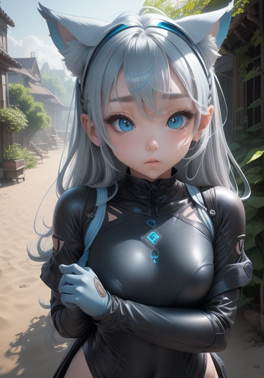 girl、、Bink、leotard、whole body。blue eyes、White Hair、Functional、Seductive pose、front、noon、Outdoor、garden、Beach、Bear Ears