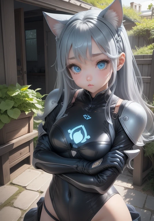 anime girl, silver hair knight girl, small girl, silver metal armor knight, with metal hat, face on camera, tight shirt, show large chest, dark isekai, shy girl, pitiful face, face forward to camera, asking pose, pink cheeks, half body, body on iron chain, smile, blue sparkling eyes, show cleavage very big breast, zoom very big breast, face and breast in front, ensure she wear long pants, wet breast, watery breast, lay on grass, zoom front breast and face only, no nails, remove the nail, do not show the nails, girl tighten on iron chains like a slave, head pop up front, lot of iron chains, anime girl leans forward, lying grass,