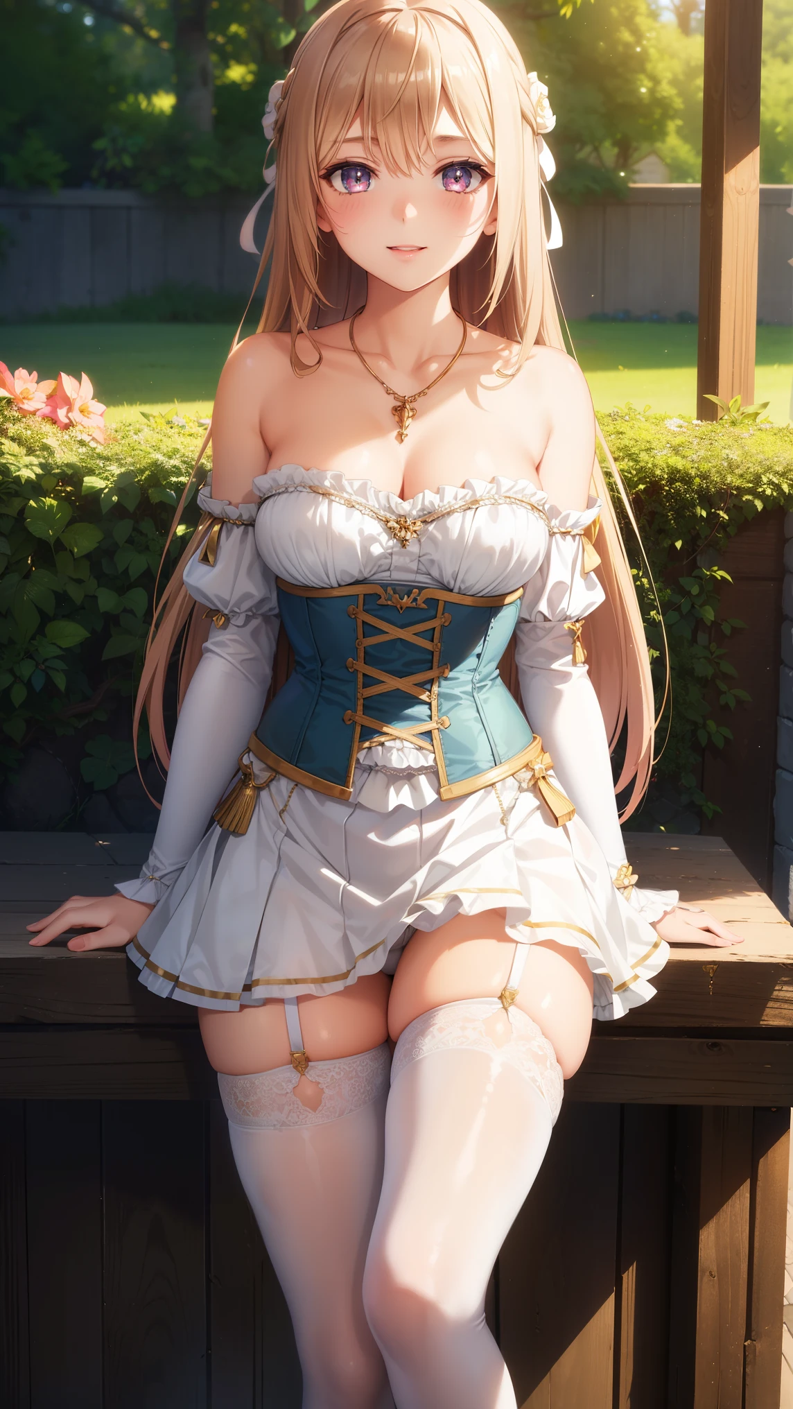 1girl, natural lighting, masterpiece, highly detailed, illustration, game CG, absurdres, high quality, beautiful detailed eyes, glossy lips, natural lighting, medium breasts, klaudia valentz, lace, blush, light smile, garden, strapless corset, side thigh highs, necklace, jewelry