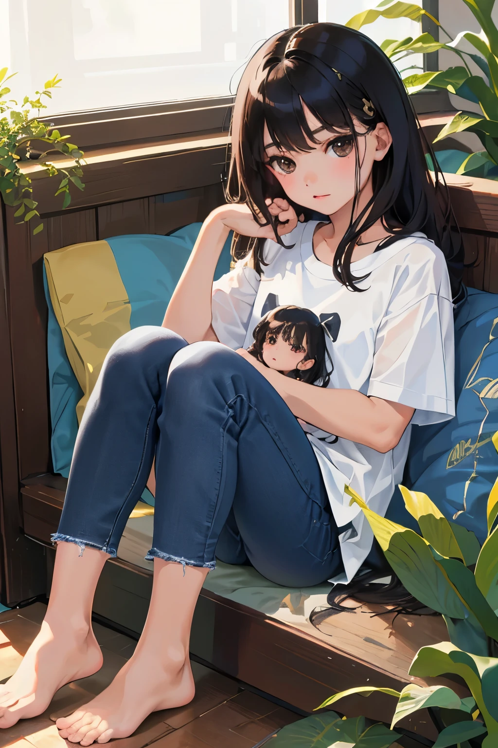 ()，highest quality，Beautiful face in every detail，cute，Dark brown eyes，(背の低いcute女の子，Smallg student，Yoicate girl）,（masterpiece，Top quality)，Black Hair，Sleepy expression，Short sleeve，jeans