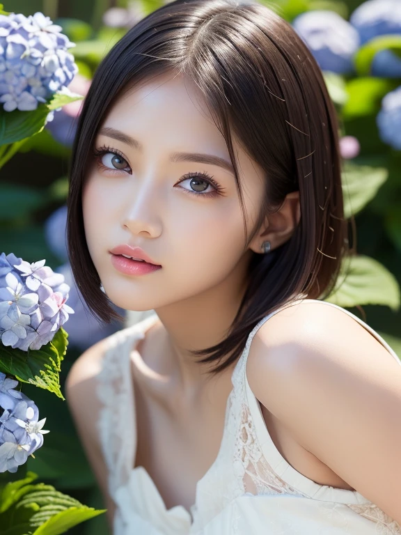 (squat)、(highest quality:1.5)、(Realistic:1.5)、(1 person:1.5)、(Very detailed)、(High resolution)、8k、(Wear a one-piece dress with lace)、(Small breasts)、Natural color lips、Cute Smile、20-year-old girl、(Beautiful and elaborate face)、(Perfect and beautiful face)、(Big eyes)、(Beautiful and elaborate face)、(Beautiful, balanced eyes)、Beautiful double eyelids、Perfect and beautiful face、Arched thin eyebrows、Slim face、(Slim figure)、Beautiful and thin nose、 Beautiful Skin、(Medium Bob Hair)、Natural Bangs、Fair skin、Front lighting、(Lighting the face)、Deep blue eyes、Slim waistline、(lim and beautiful legs、hydrangea、garden、