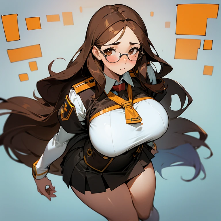 A nerdy girl with glasses, long brown hair and brown eyes. Who wears a white uniform that is tight around her big and enormous breasts and a short skirt that barely covers her thick thighs. She looks down as she adjusts her glasses and has a slight blush on her cheeks. She's in a class.