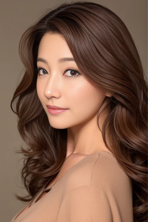 Japanese women、50 years old、Medium-haired brown hair、Wavy Hair、Close-up
