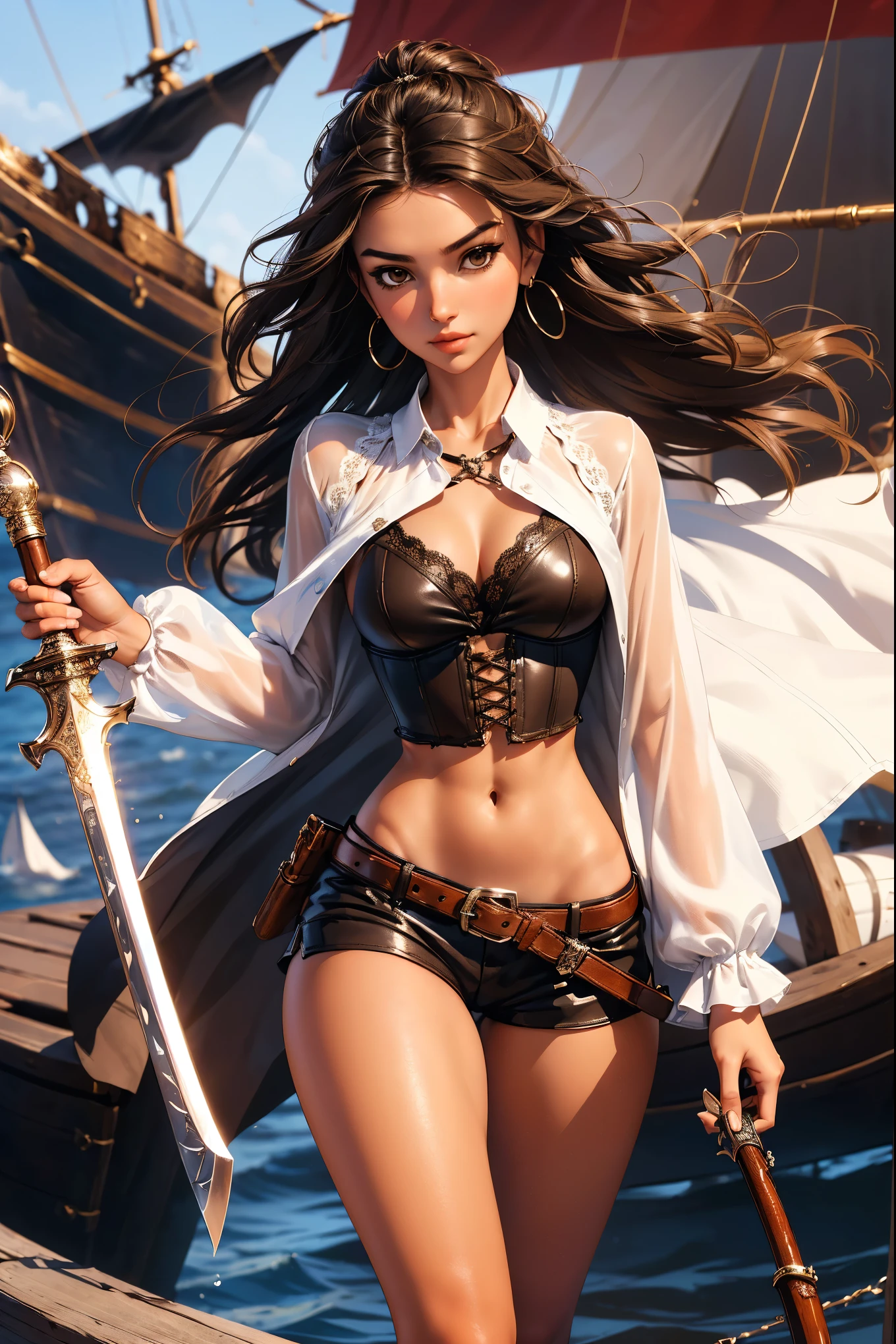 (masterpiece), best quality, expressive eyes, perfect face, (pirate ship background), (standing), (smirk), (closeup view), (1girl, selt, dark skin, tanned skin, black hair, wavy hairstyle, brown eyes, hourglass figure, thin body, skinny body, petite_body, medium breasts, thick thighs, long fingernails, brown plaid head wrap, white front lace blouse, long sleeve, loose fit, brown leather corset, brown leather shorts, brown boots, sheathed cutlass sword, flintlock pistol in holster, hoop earrings, miscellaneous jewelry)