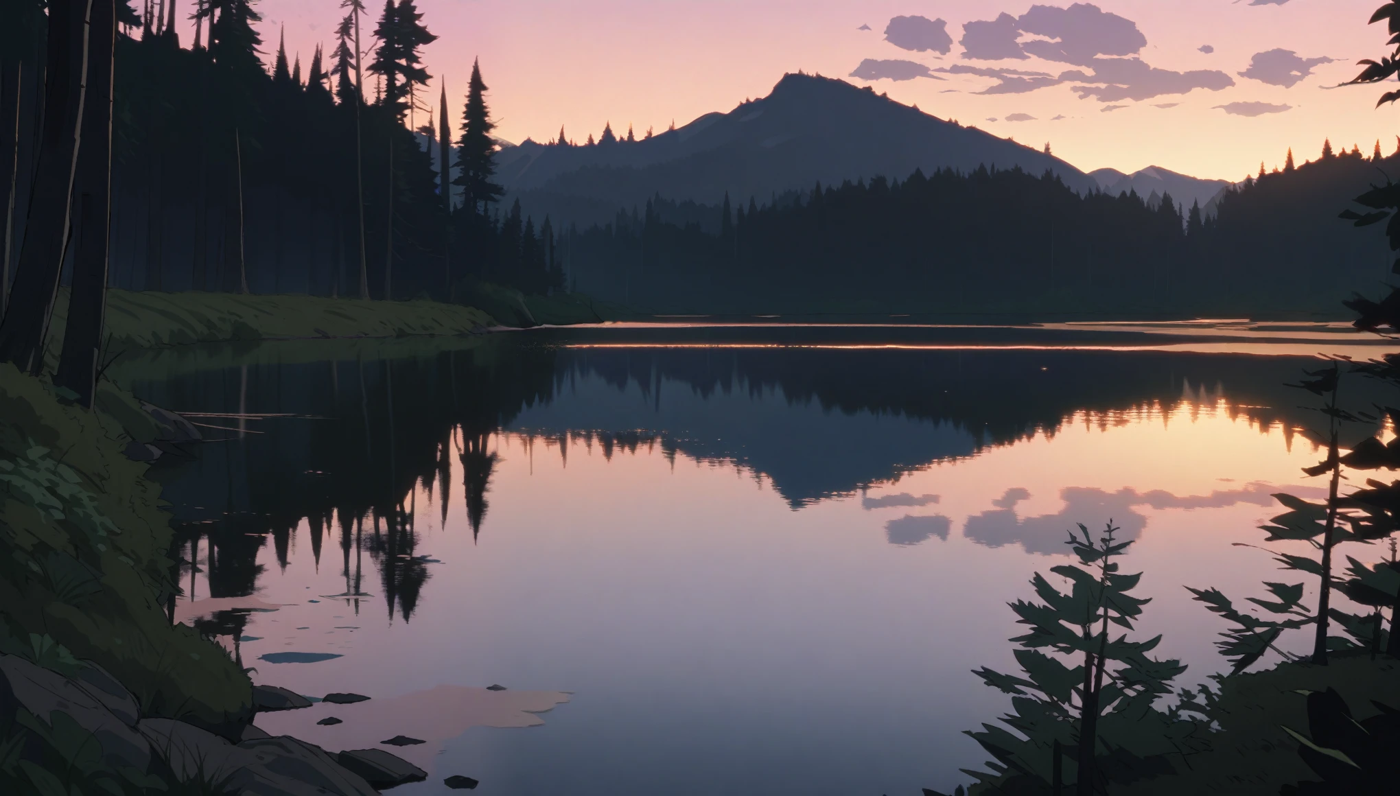 (Masterpiece, best quality, highres) {{Artist: Sincos}} beautiful forest, at sundown, lake, lush.
