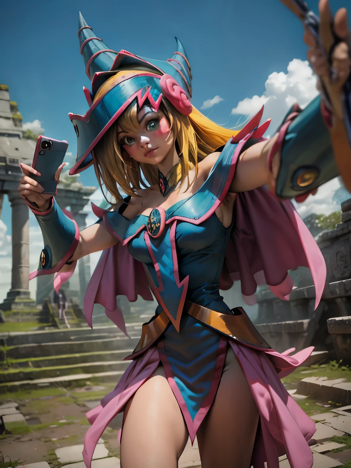 Dark magician taking a selfie in some Mayan ruins. Ella tiene cabello rubio. ojos azules. Labios rojos. Se toma una selfies en  unas ruinas mayas. Selva y jaguares a si alrededor 