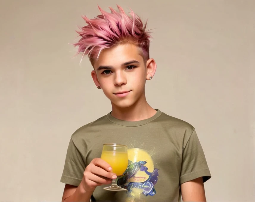 (best quality, masterpiece), 1boy, tshirt, khaki pants, spiky hair, pink hair, holding a glass of lemon juice