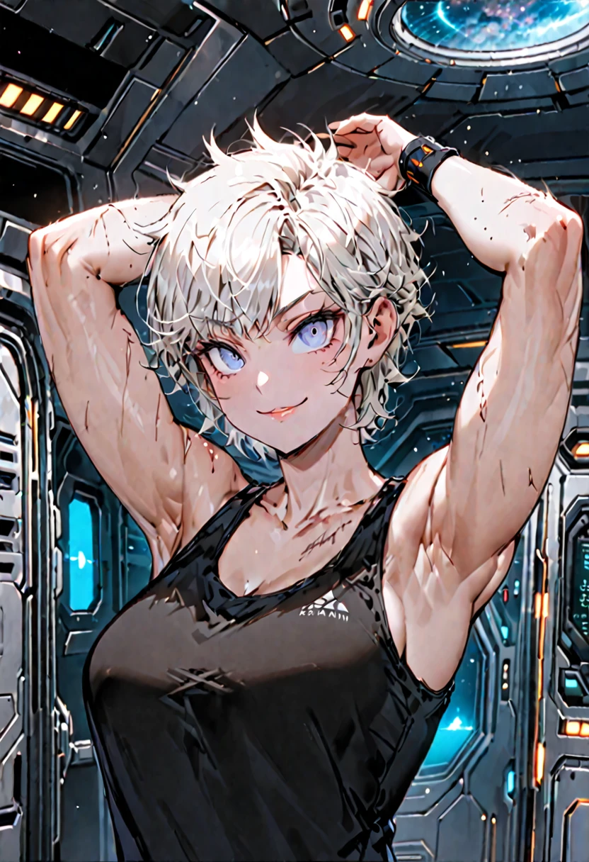 solo, female, sfw, medium shot, platinum blonde, scar on face, scar on arm, black tanktop, light blue eyes, short hair, spiky hair, fit, pilot, spaceship cabin, arms above head, tomboy, mischievous smile, tall, large woman, muscular:0.7