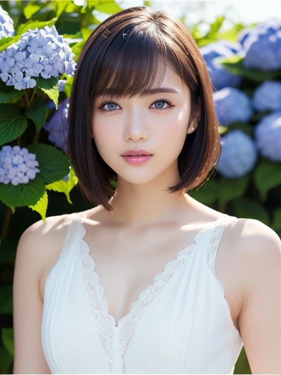 (squat)、(highest quality:1.5)、(Realistic:1.5)、(1 person:1.5)、(Very detailed)、(High resolution)、8k、(Wear a one-piece dress with lace)、(Small breasts)、Natural color lips、Cute Smile、20-year-old girl、(Beautiful and elaborate face)、(Perfect and beautiful face)、(Big eyes)、(Beautiful and elaborate face)、(Beautiful, balanced eyes)、Beautiful double eyelids、Perfect and beautiful face、Arched thin eyebrows、Slim face、(Slim figure)、Beautiful and thin nose、 Beautiful Skin、(Medium Bob Hair)、Natural Bangs、Fair skin、Front lighting、(Lighting the face)、Deep blue eyes、Slim waistline、(lim and beautiful legs、hydrangea、garden、