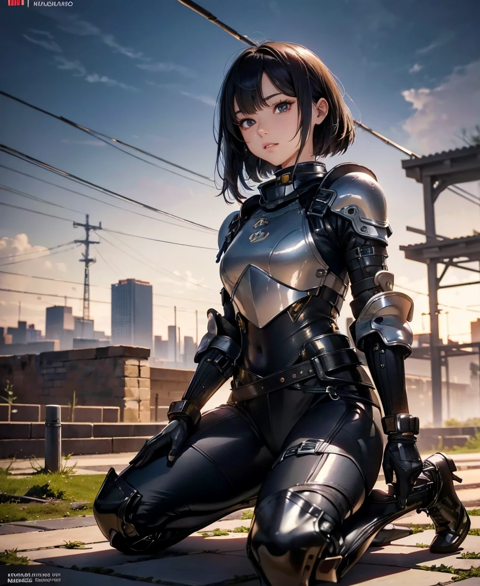 (highest quality,4K,8k,High resolution,masterpiece:1.2),Super detailed,(Realistic,photoRealistic,photo-Realistic:1.37), A Japanese female fighter with a slim build and small face, cute, 1 girl, 18-year-old, Kneeling pose, Super short black hair, A tight-fitting combat suit in shiny black with a patent leather finish, Tight suit, gloves, Steel City Background, Night lighting